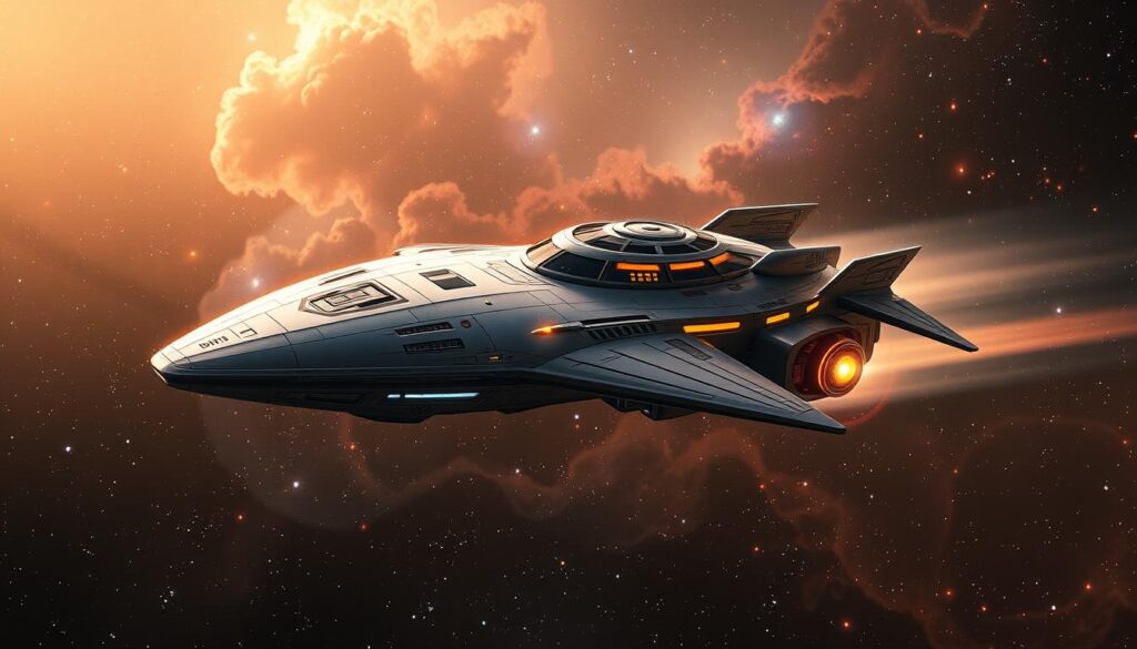 A sleek, futuristic starship glides through the shimmering expanse of a cosmic canvas. Its streamlined silhouette, adorned with glowing engines and sweeping wings, evokes a graceful yet powerful presence. The hull is crafted from gleaming alloys, reflecting the mystical hues of the nebulae and distant stars. Intricate panels and windows dot the surface, hinting at the advanced technology that propels this vessel on its interstellar journey. The ship is bathed in a warm, diffused lighting, casting a dreamlike glow and emphasizing its celestial backdrop of swirling galaxies and luminous phenomena. A sense of wonder and adventure permeates the scene, inviting the viewer to embrace the mystical cosmos and embark on an extraordinary voyage through the stars.